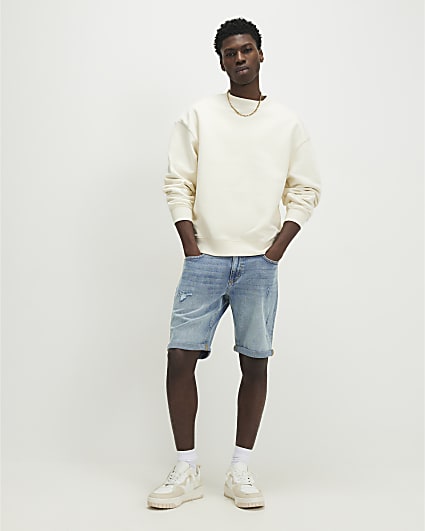 Blue Slim Fit Ripped Denim Shorts