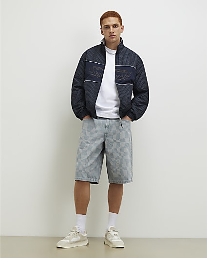 Blue Geometric Print Denim Shorts