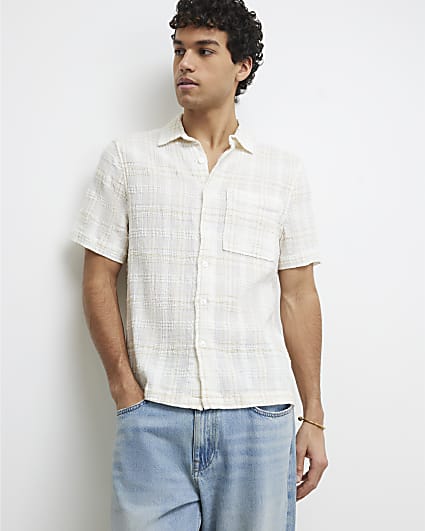 Cream Boxy Fit Textured Check Shirt