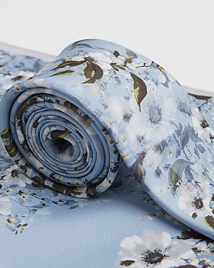 Blue Floral Tie and Handkerchief Set