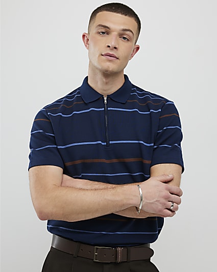 Navy Slim Fit Stripe Polo Shirt