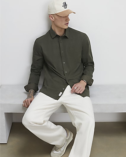 Khaki Regular Fit Textured Cross Hatch Shirt