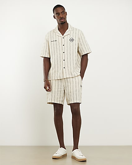 Cream Regular Fit Stripe Pull On Shorts
