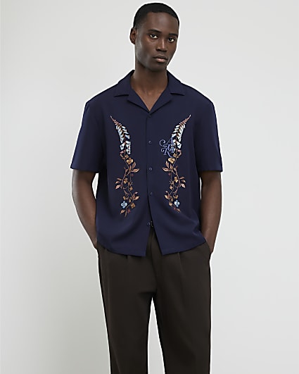 Navy Regular Fit Floral Embroidered Shirt