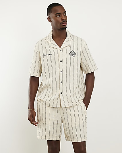 Cream Short Sleeve Textured Pinstripe Shirt