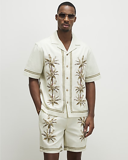 Cream Palm Tree Embroidered Shirt