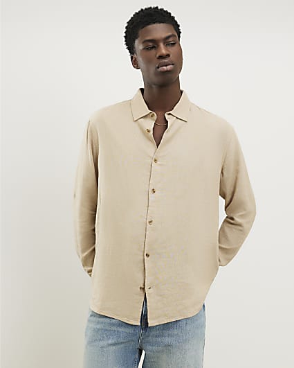 Beige Regular Fit Linen Blend Shirt