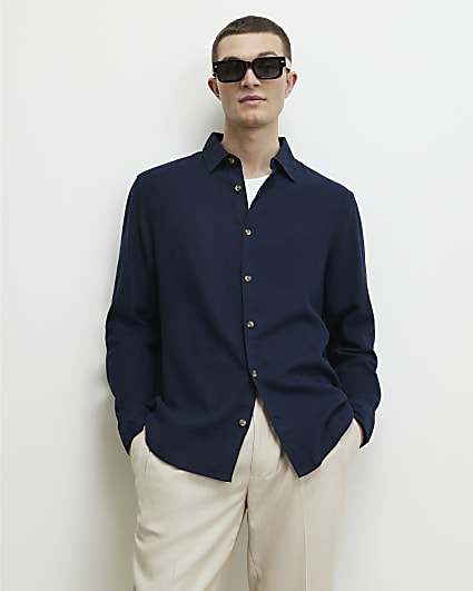 Navy Regular Fit Linen Blend Shirt