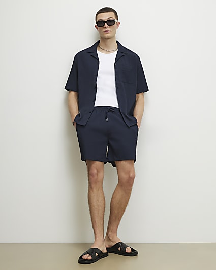 Navy Regular Fit Textured Short Sleeve Shirt