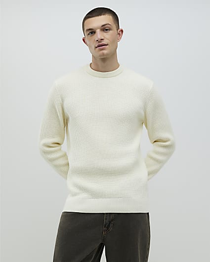 Cream Slim Fit Waffle Knit Jumper