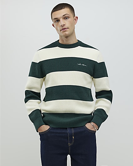 Green Slim Fit Waffle Knit Stripe Jumper