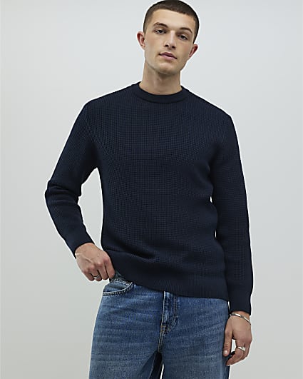 Navy Slim Fit Waffle Knit Jumper