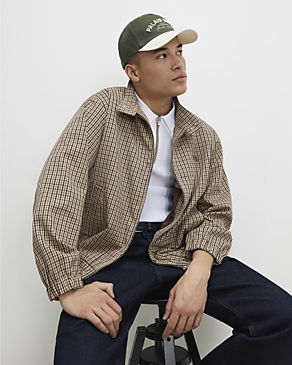 Beige Funnel Neck Check Harrington Jacket