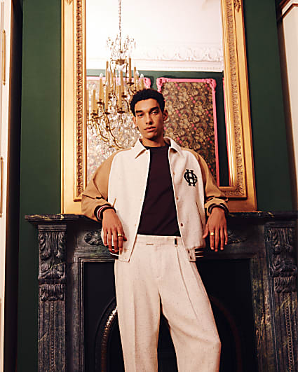 Beige Raffia Textured Varsity Jacket