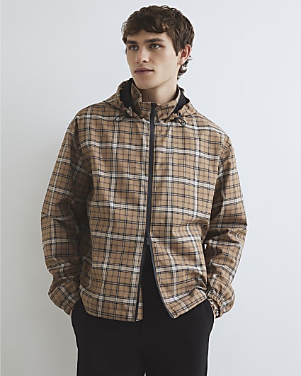 Beige Check Hooded Jacket