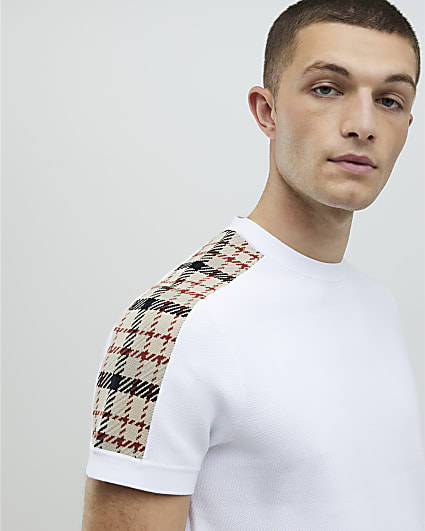 White Slim Fit Check Knit T-Shirt