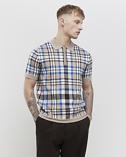 Beige Slim Fit Check Collar Polo Shirt