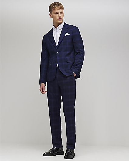 Navy Slim Fit Check Suit Trousers