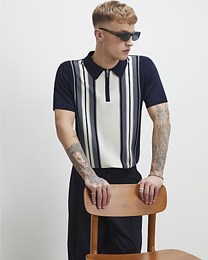 Navy Slim Fit Stripe Colour Block Polo Shirt