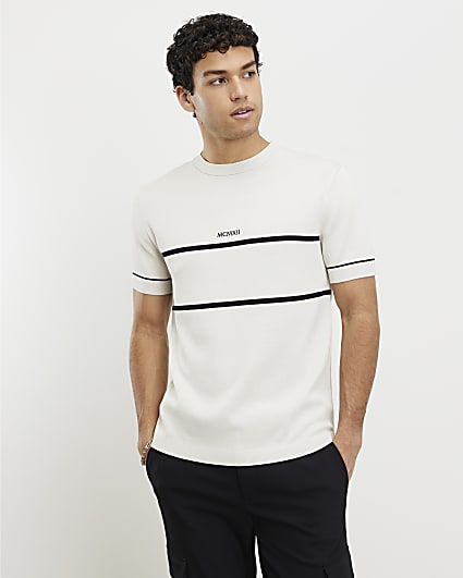 Beige Slim Fit Chest Blocked T-Shirt