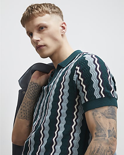 Green Slim Fit Wavy Stripe Polo Shirt