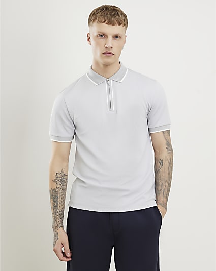 Grey Slim Fit Textured Zip Tipped Polo Shirt