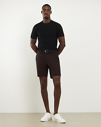 Brown Slim Fit Belted Chino Shorts