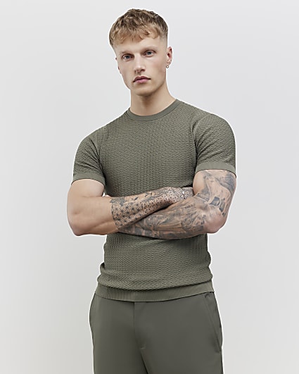 Green Muscle Fit Zig Zag Texture T-Shirt