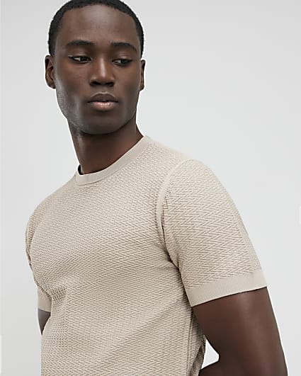 Beige Muscle Fit Zig Zag Texture T-shirt