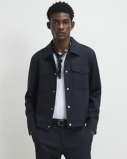 Navy Boxy Fit Linen Blend Western Jacket