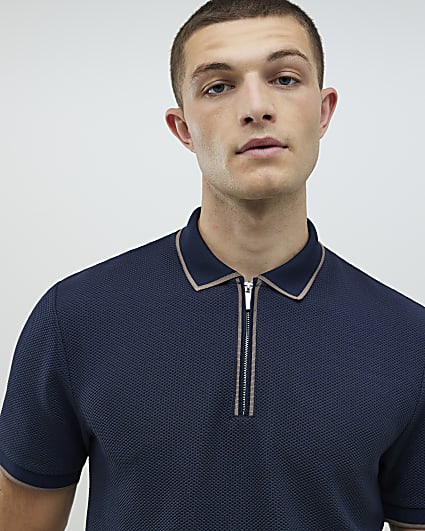 Navy Slim Fit Zip Polo Shirt
