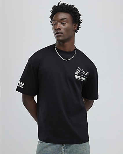 Black Oversized Fit Motorsport Logos T-Shirt