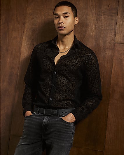 Black Slim Fit Velvet Leopard Shirt