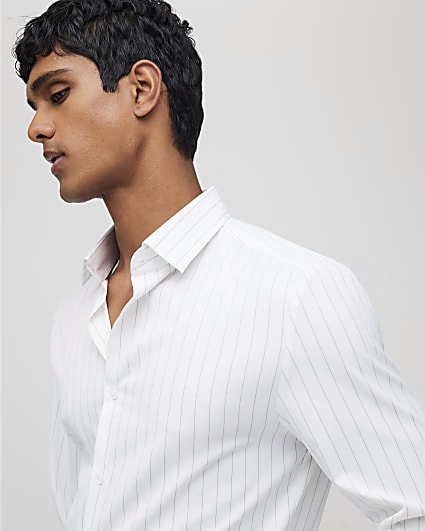 White Slim Fit Taupe Stripe Shirt