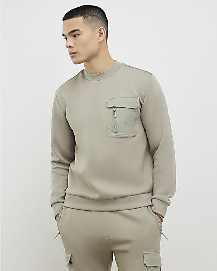 Khaki Slim Fit Nylon Pocket Sweatshirt