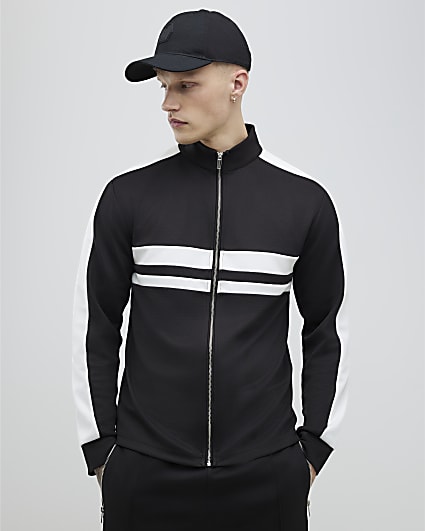 Black Slim Fit Stripe Funnel Neck Jacket