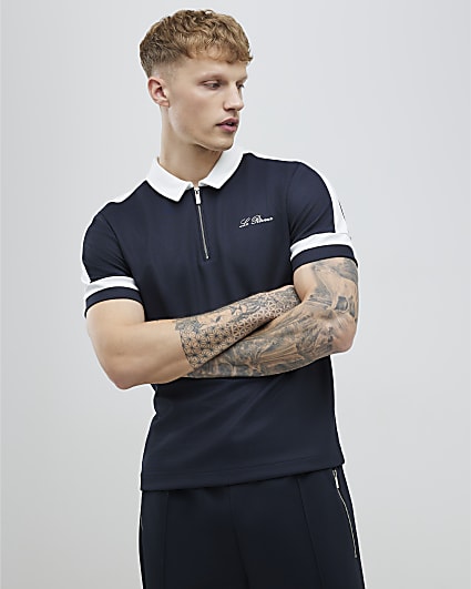 Navy Slim Fit Pique Colour Block Polo Shirt