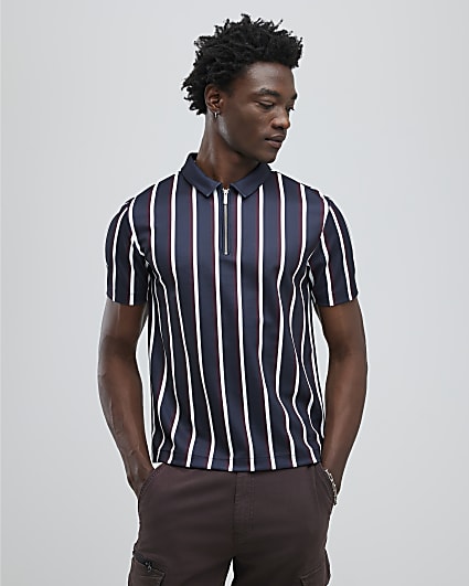 Navy Slim Fit Pique Stripe Polo Shirt