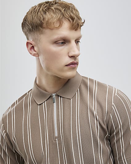 Beige Slim Fit Stripe Polo Shirt