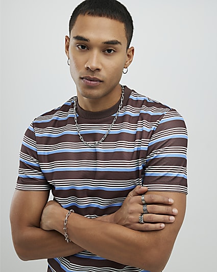 Brown Slim Fit Pique Stripe T-Shirt