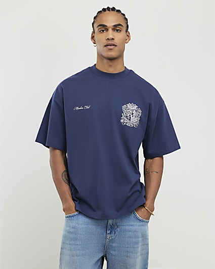 Navy Oversized Fit Members Club Crest T-Shirt