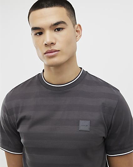 Grey Slim Fit Luminis Badge Stripe T-Shirt