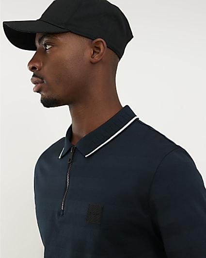 Navy Slim Fit Luminis Badge Stripe Polo Shirt