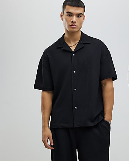 Black Oversized Fit Waffle Shirt