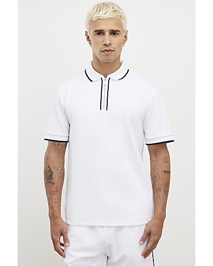White Slim Fit Textured Zip Tipped Polo Shirt