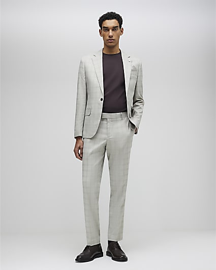 Beige Skinny Fit Check Suit Trousers