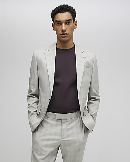 Beige Skinny Fit Check Suit Jacket