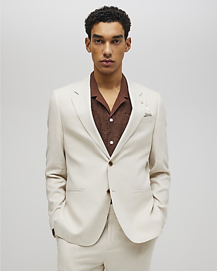 Cream Slim Fit Linen Blend Suit Blazer Jacket