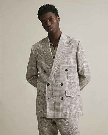 Beige Slim Fit Linen Blend Check Jacket