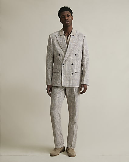 Beige Slim Fit Linen Blend Check Trousers